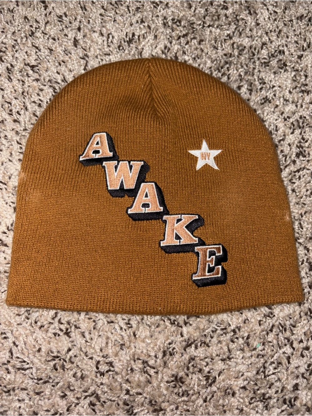 Awake Brown Knit Beanie with Star Patch